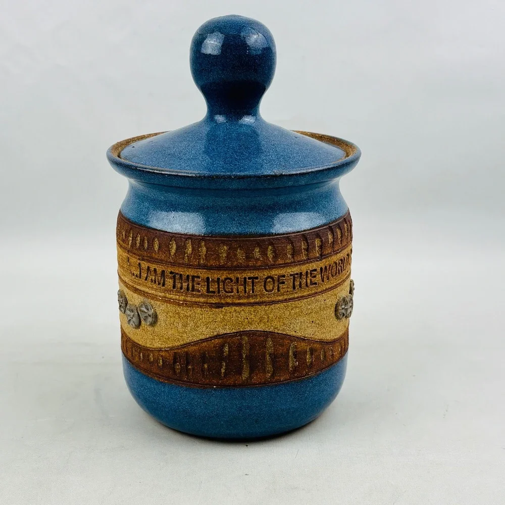 Down to Earth Pottery Canister Blue Stoneware The Light Of The‎ World John 9:5